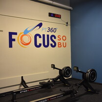 A photo of the logo and rowing equipment at PT360 South Burlington Vermont