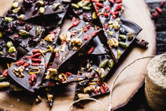 A photo of dark chocolate bark with dried fruit.