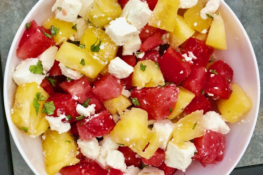 A photo of a three ingredient watermelon salad