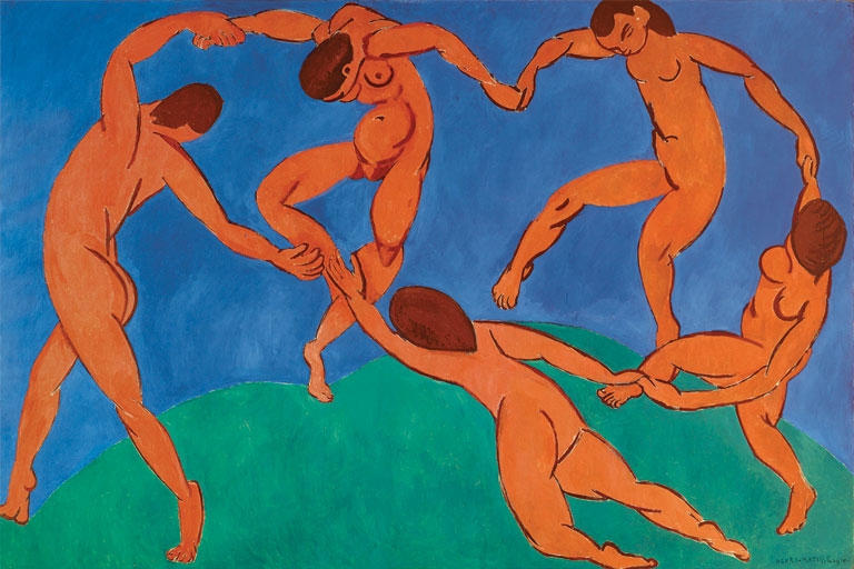 A painting of five people dancing in a ring