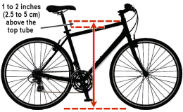 A drawing of a bike highlighting the proper distance between the seat and the ground.