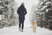 A photo of a boy and his dog walking in the snow