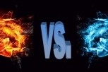 A picture of two fists coming towards each other, one made of fire and the other of ice