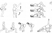 A line drawing of how to do a series of stretches and exercises.
